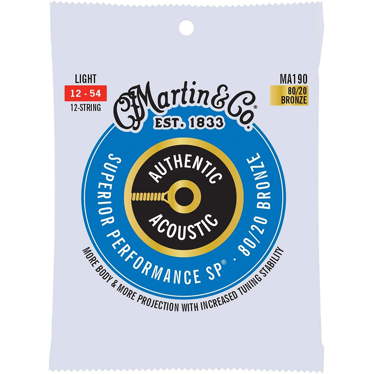 Martin Strings MA190 80 20 Bronze Authentic Acoustic Guitar Strings 12 String Light 12 54