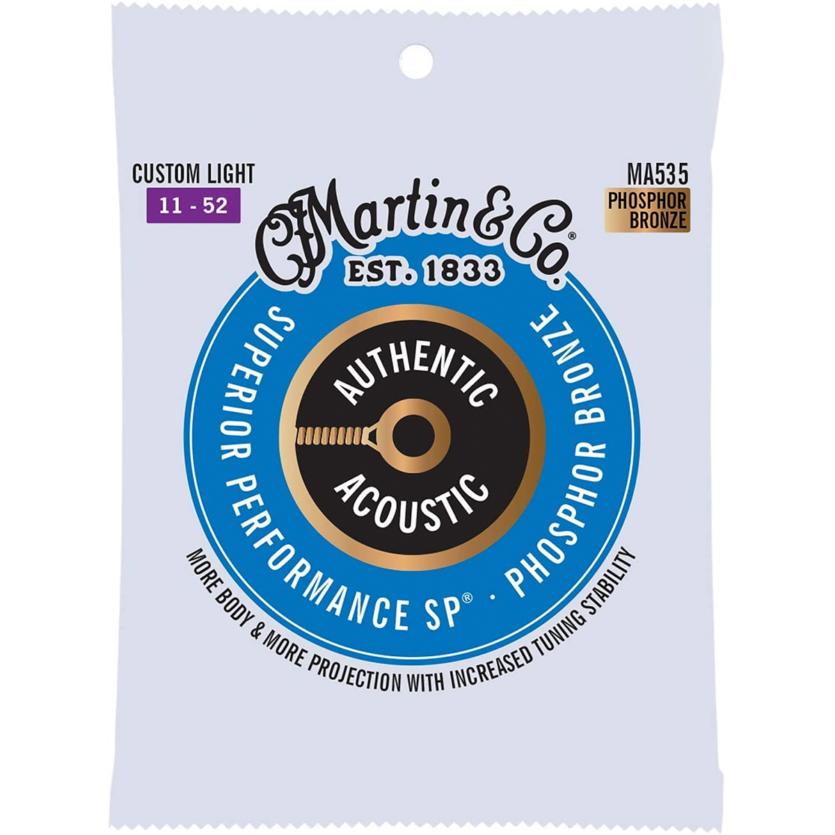 Martin Strings MA535 Phosphor Bronze Authentic Acoustic Guitar Strings Custom Light 11 52