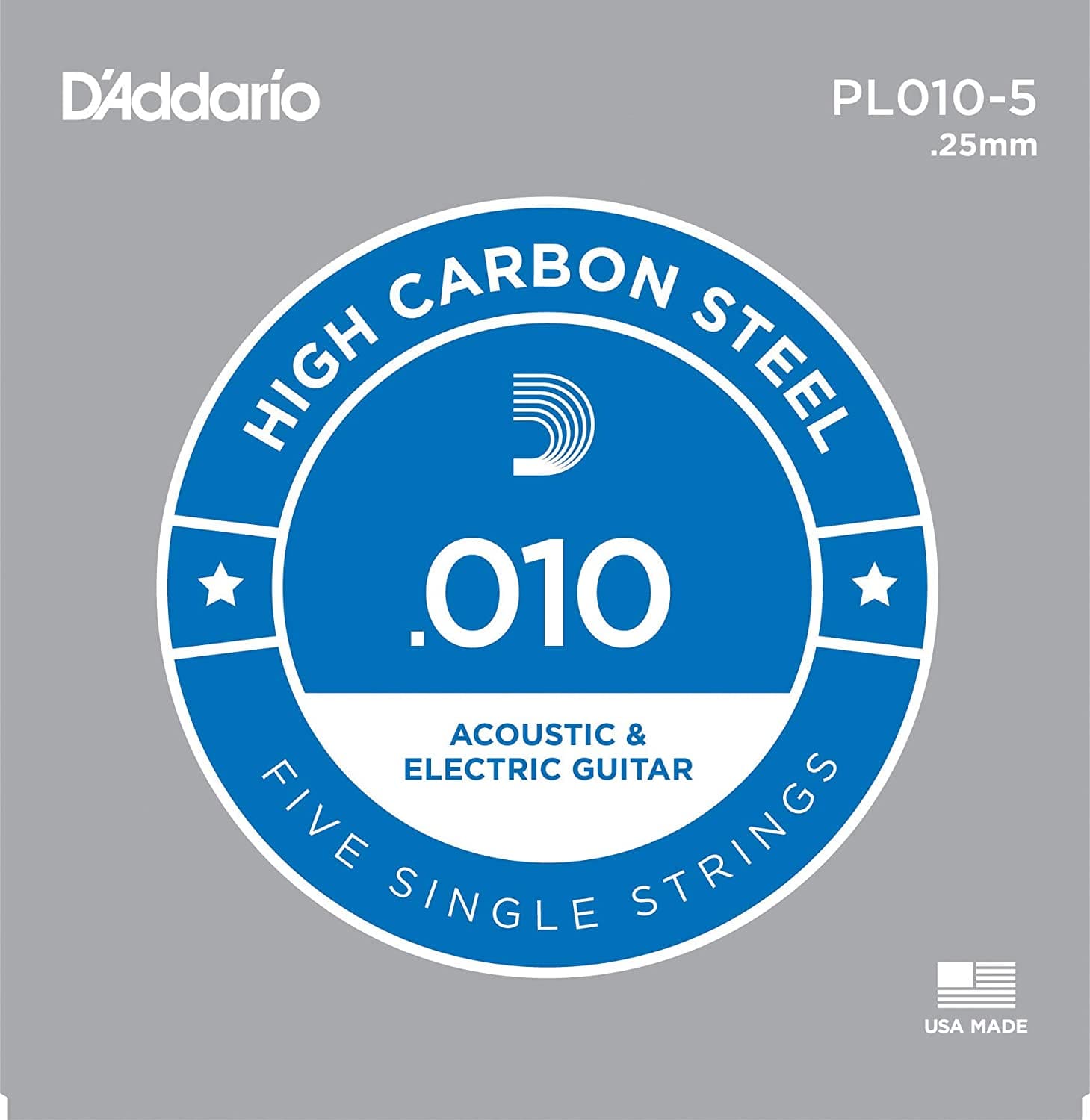 D Addario Strings 5x Plain Steel Guitar Strings .010 for Electric